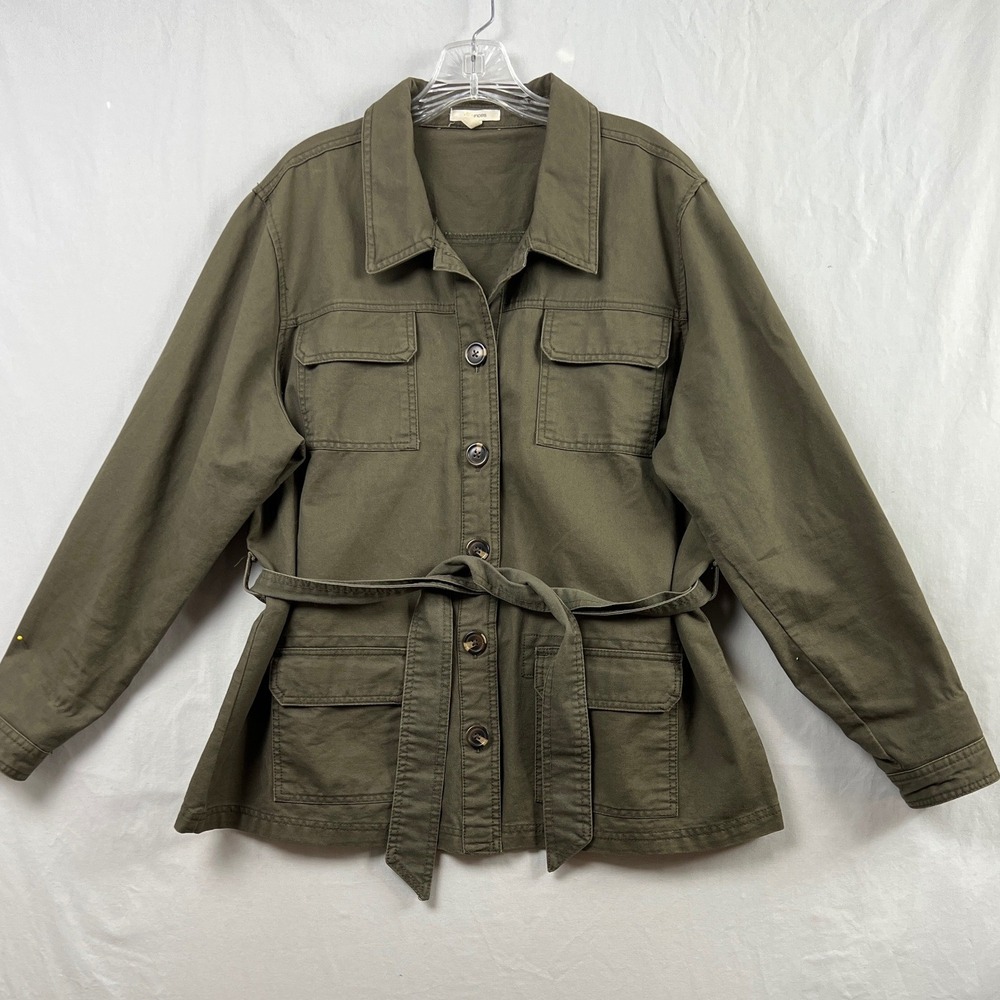Maurices Field Jacket Women XXL Olive Green Cotton Utility Belted Button Front
